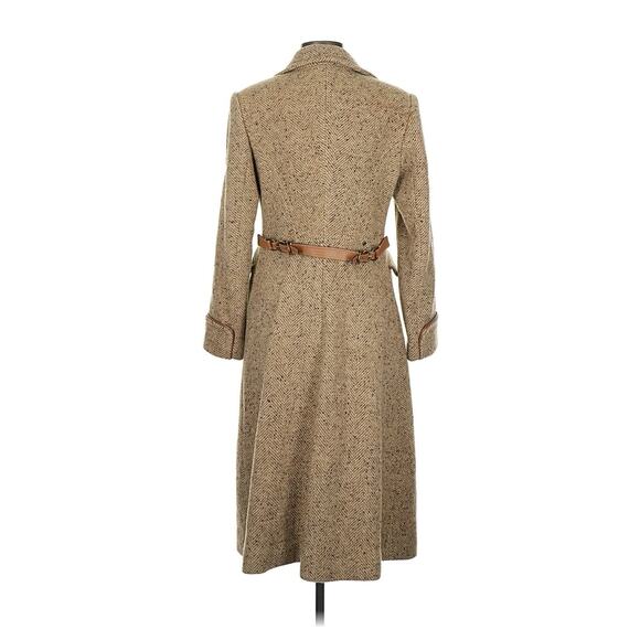 Coach Herringbone Brown Wool Silk Lined Leather Trim Long Peacoat 6 - Picture 2 of 4